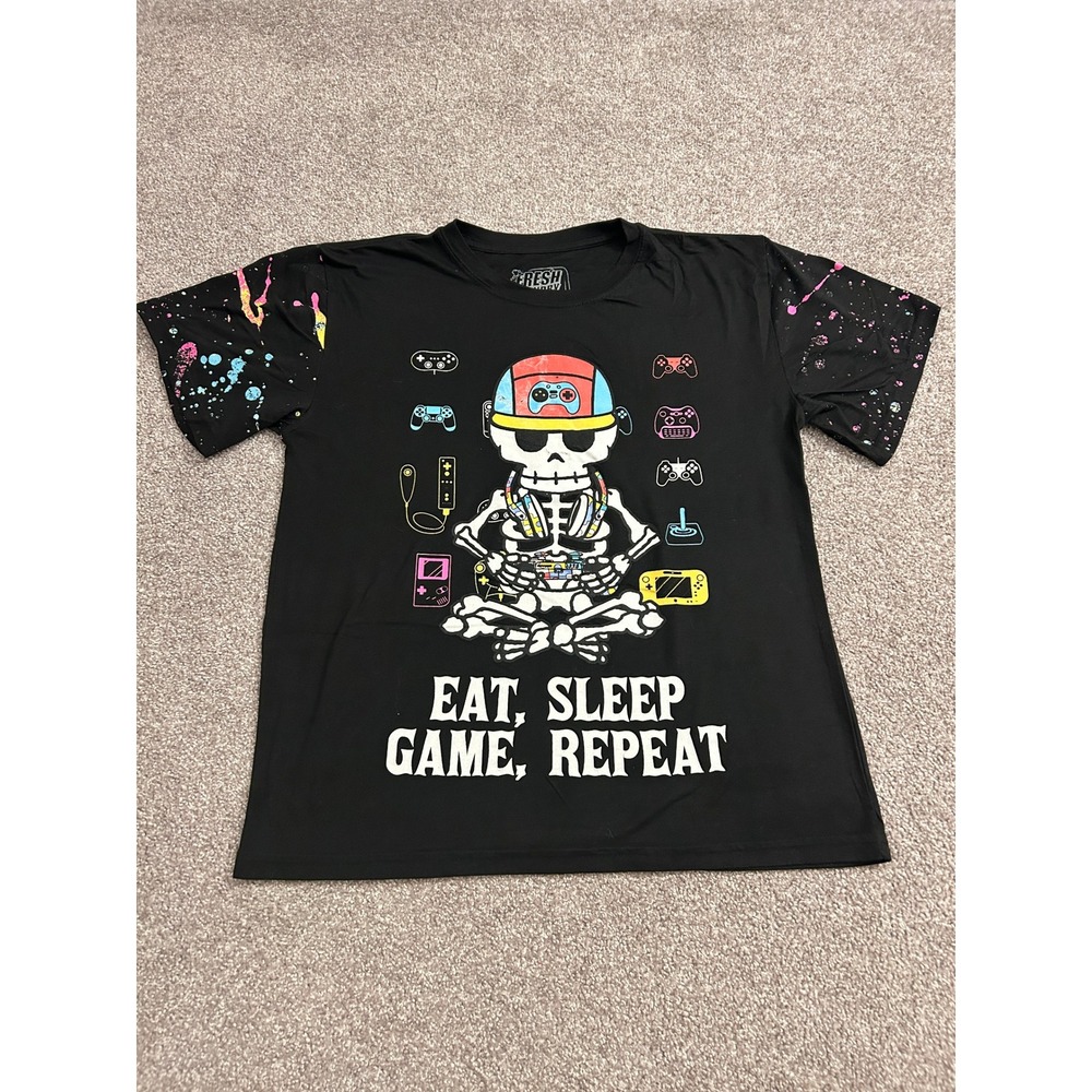 Fresh Laundry Graphic Tee Mens XL Black Eat Sleep Game Repeat Skeleton Splatter